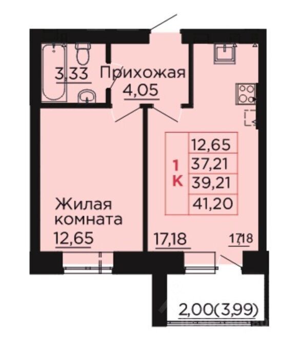 1-комн.кв., 39,2 м², 4/4 этаж