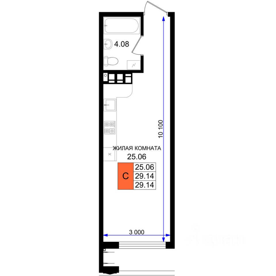 Студия, 29,1 м², 2/8 этаж