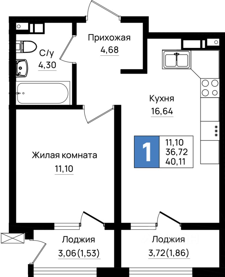 1-комн.кв., 40,1 м², 3/9 этаж