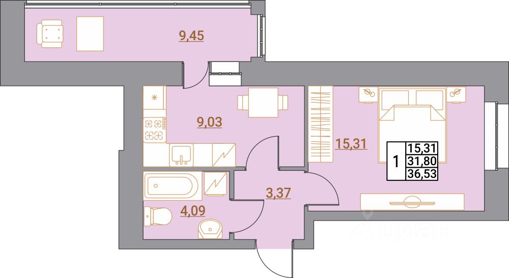 1-комн.кв., 36,5 м², 3/10 этаж