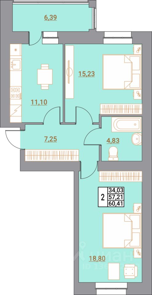 2-комн.кв., 60,4 м², 4/10 этаж