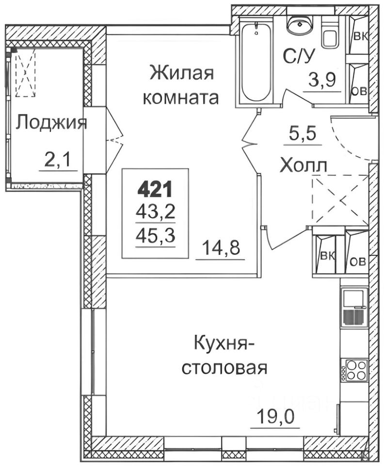 Планировка этой квартиры по данным Циан
