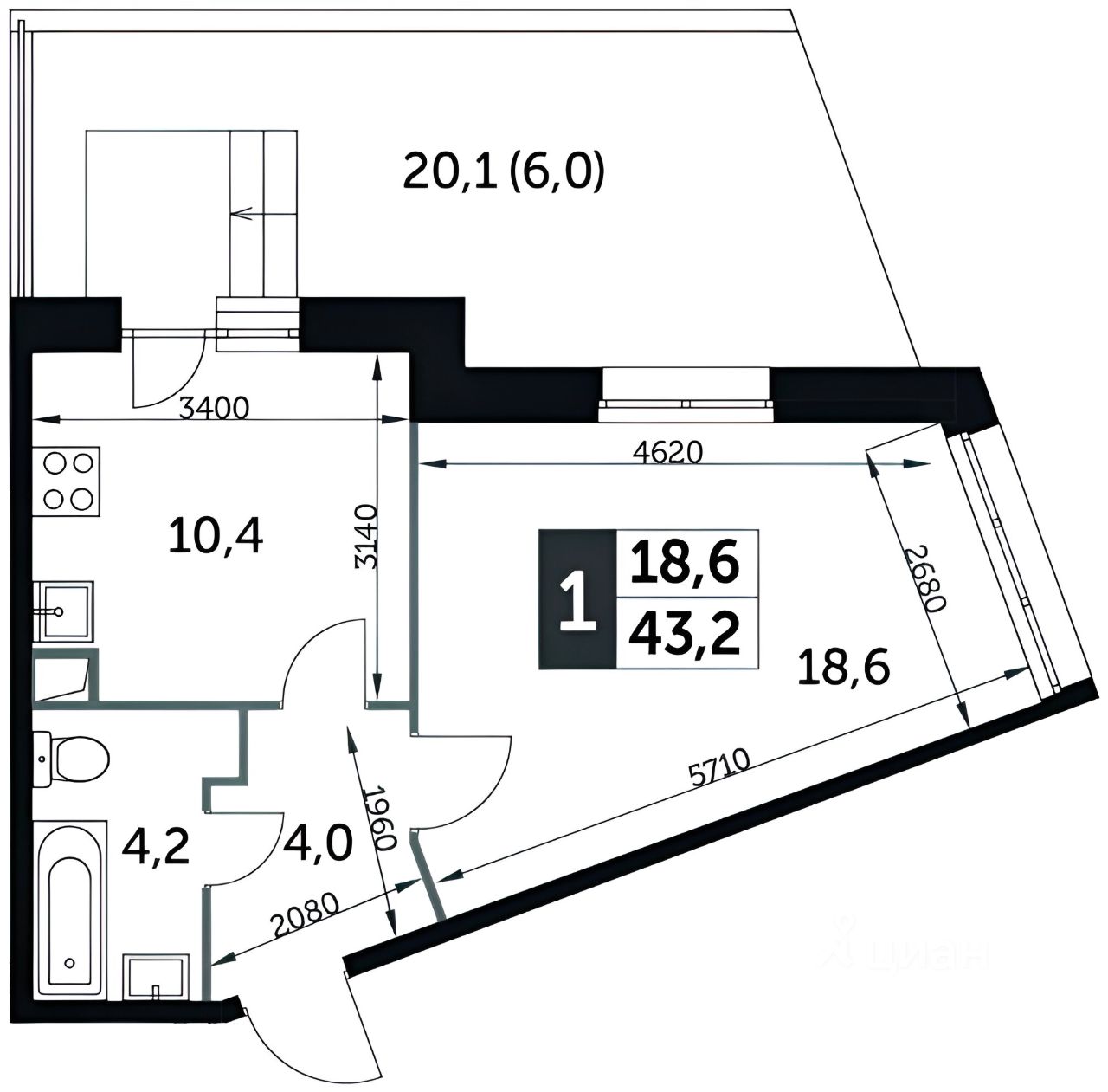 Планировка этой квартиры по данным Циан