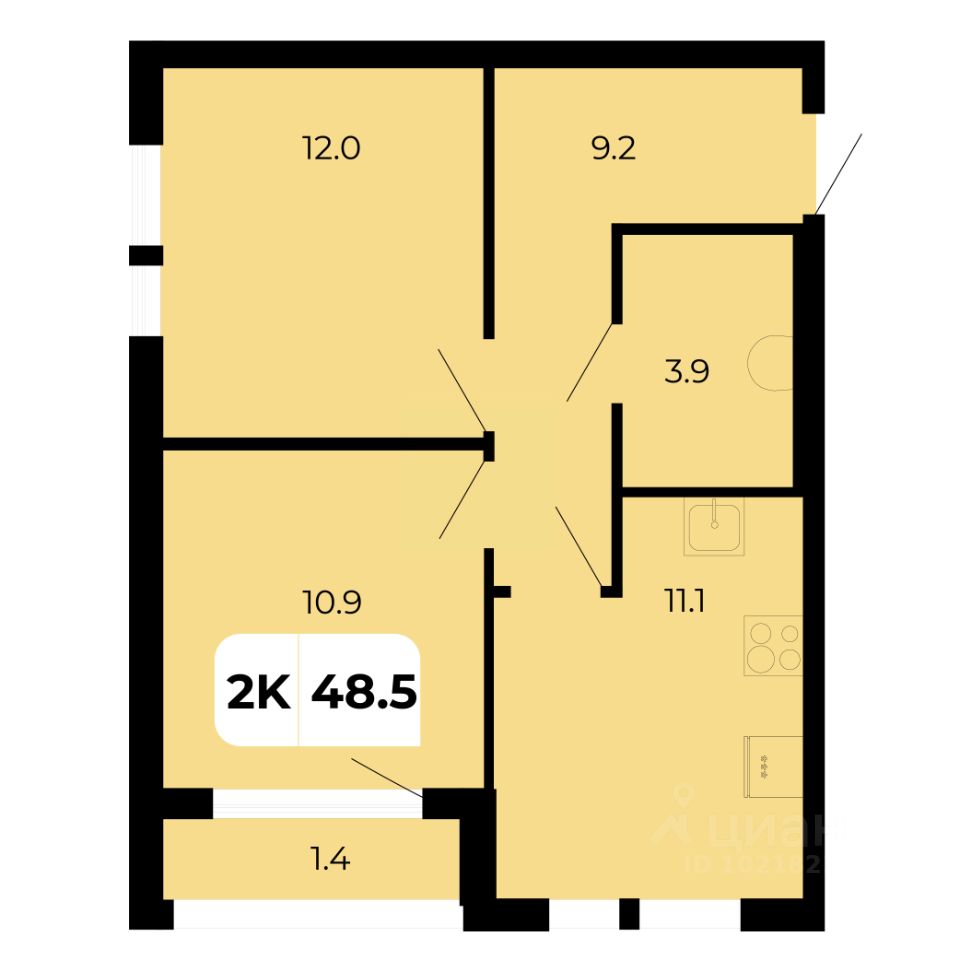 2-комн.кв., 48,5 м², 13/19 этаж