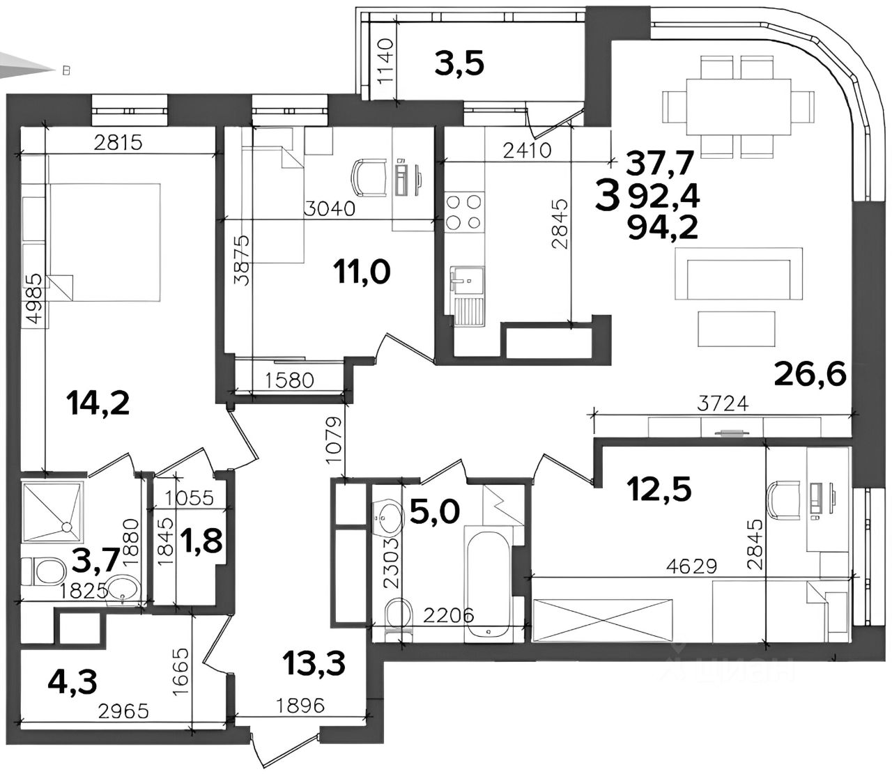 Планировка этой квартиры по данным Циан