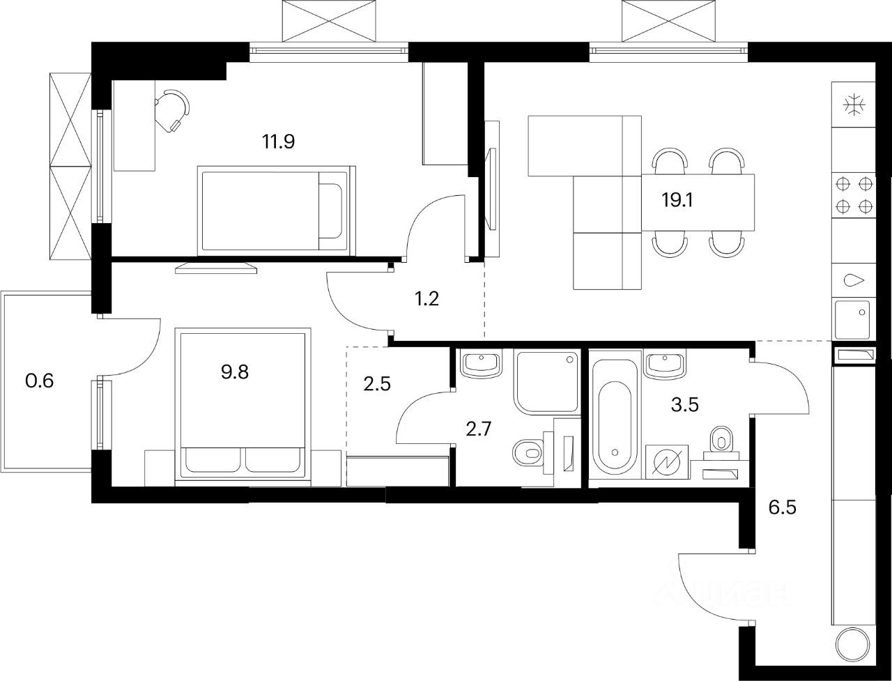 2-комн.кв., 57,8 м², 7/25 этаж