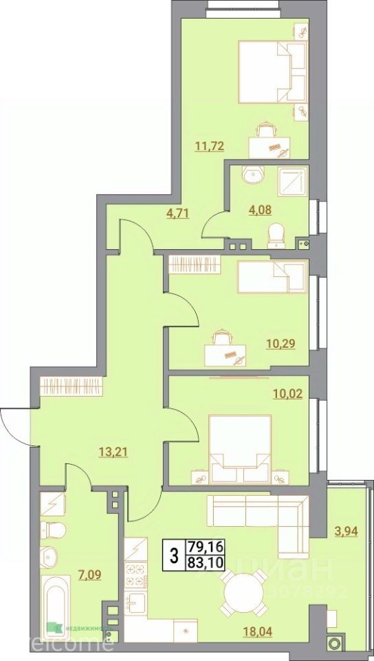 3-комн.кв., 83,1 м², 3/9 этаж