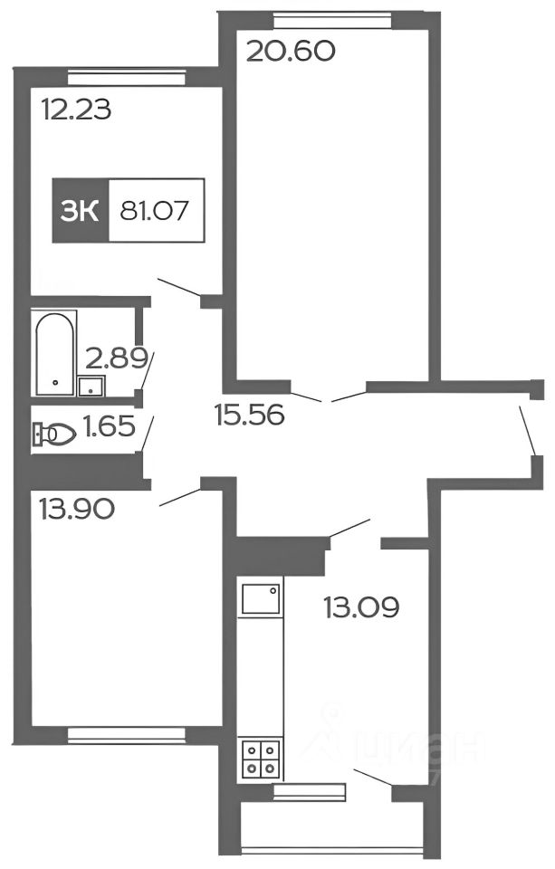 Планировка этой квартиры по данным Циан