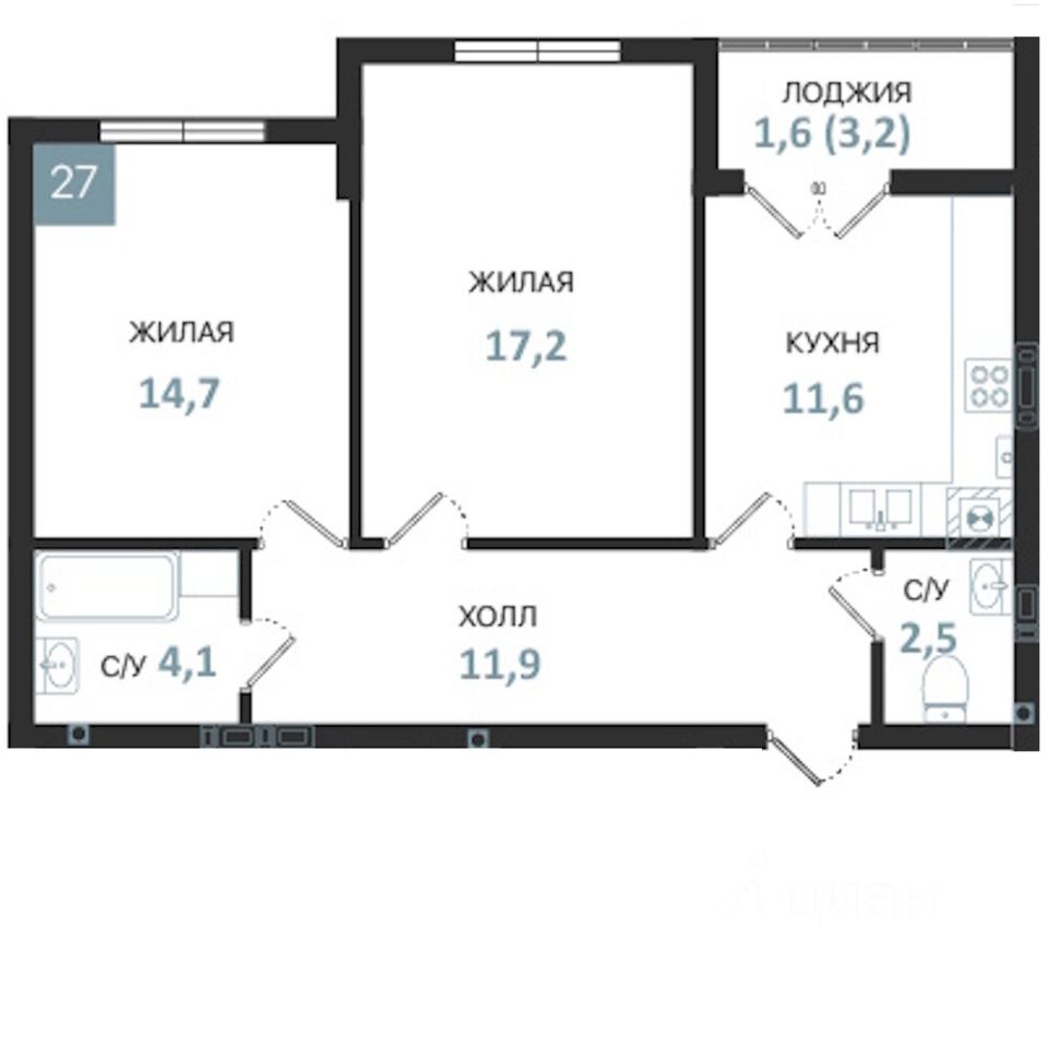 2-комн.кв., 63,6 м², 1/5 этаж