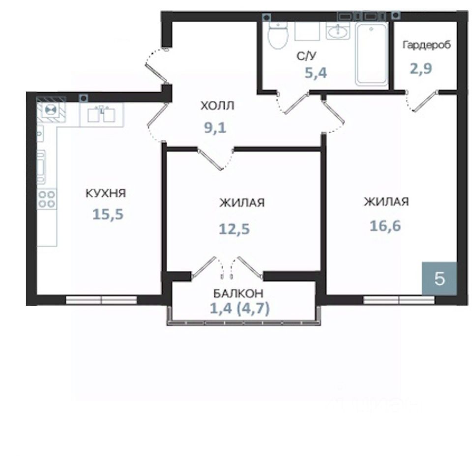 2-комн.кв., 63,4 м², 1/5 этаж
