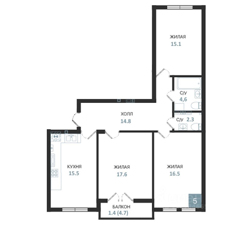 3-комн.кв., 87,8 м², 1/5 этаж