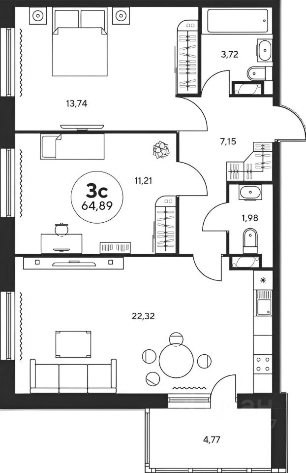 Планировка этой квартиры по данным Циан