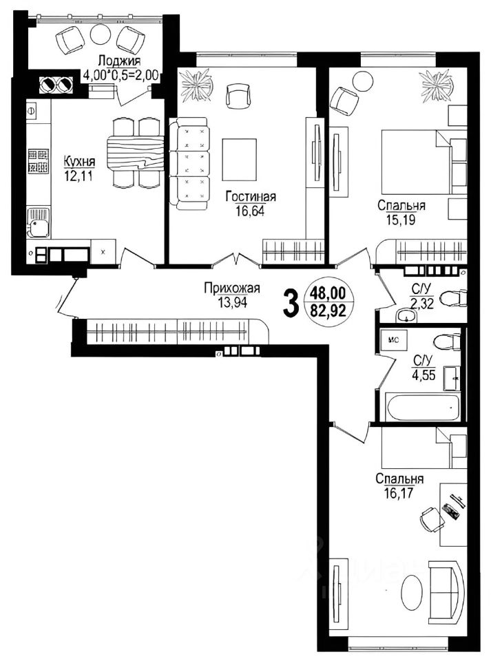 Планировка этой квартиры по данным Циан