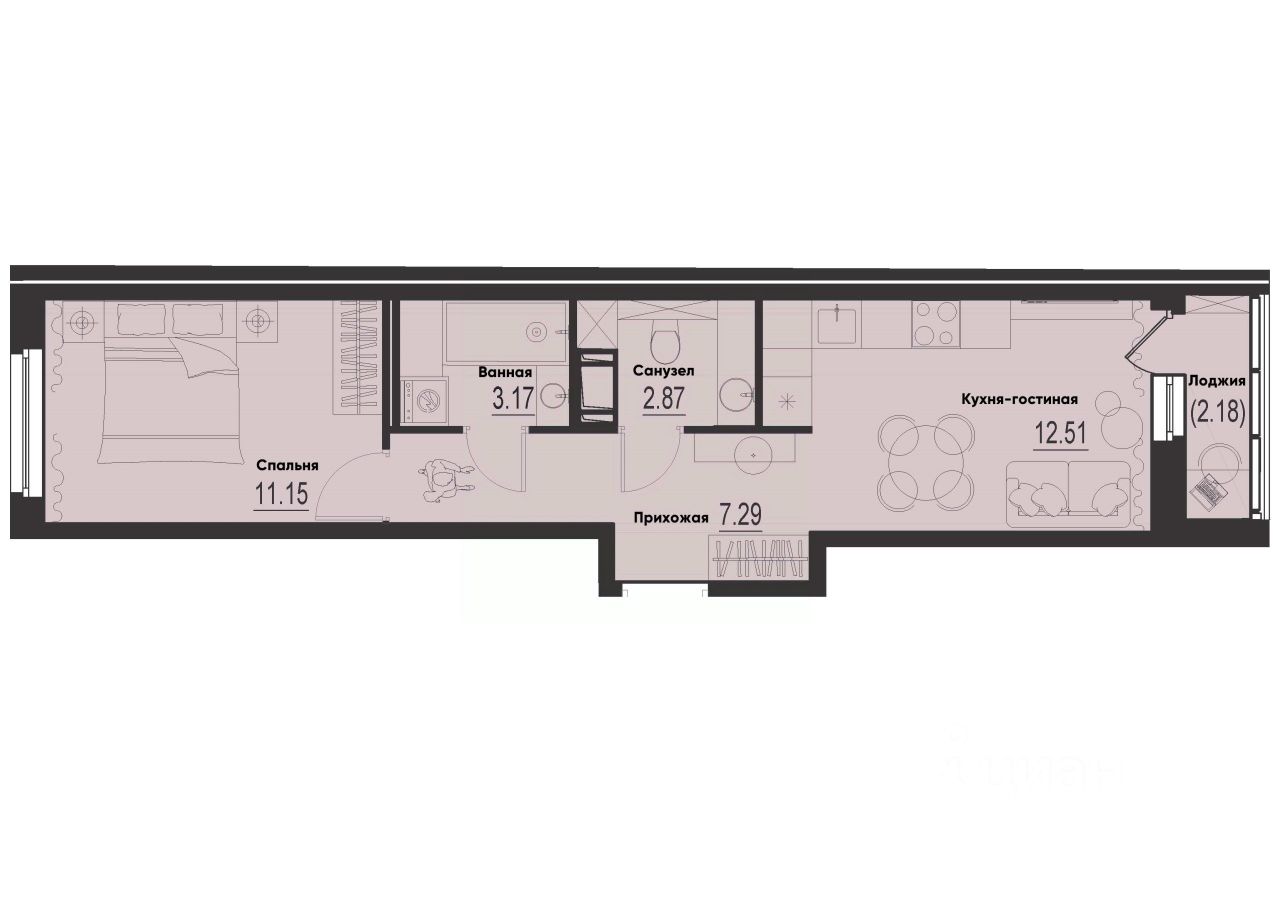 1-комн.кв., 38,1 м², 5/12 этаж