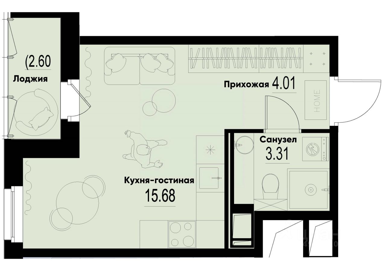 Студия, 24,3 м², 10/12 этаж