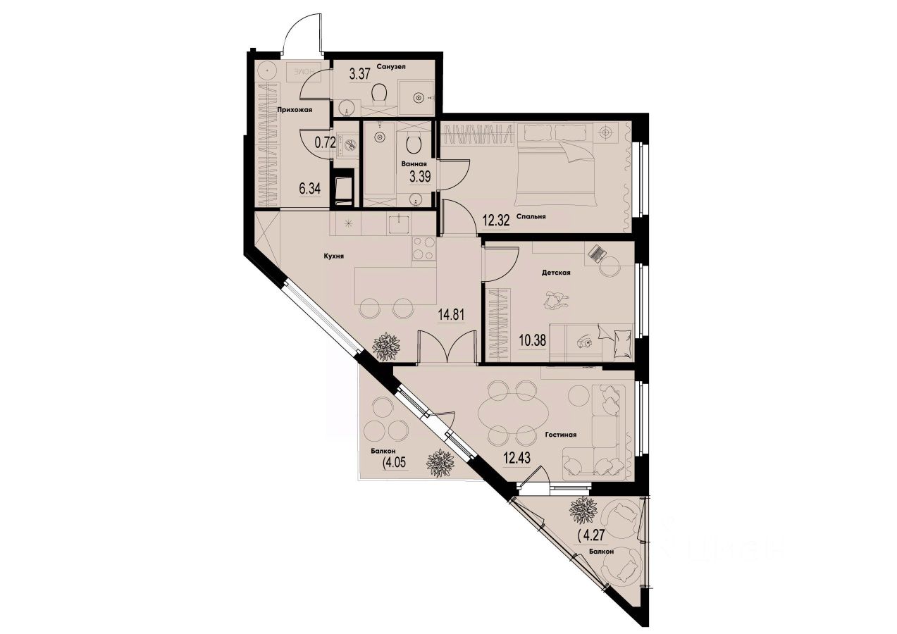 3-комн.кв., 66,2 м², 10/12 этаж