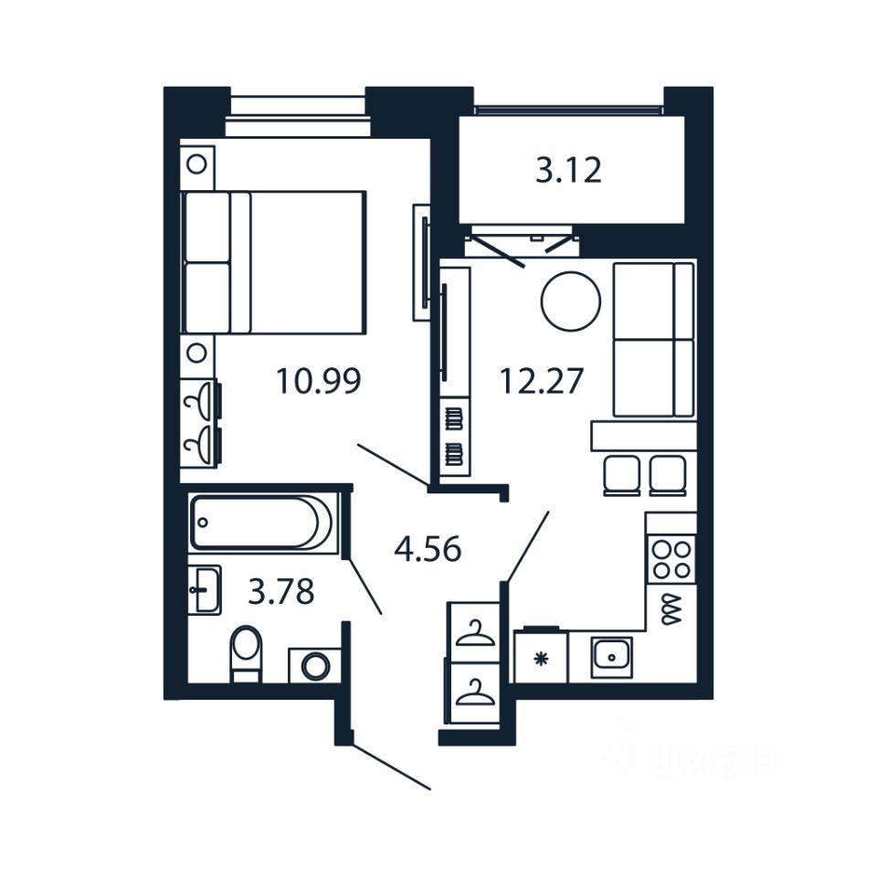 1-комн.кв., 31,1 м², 7/12 этаж