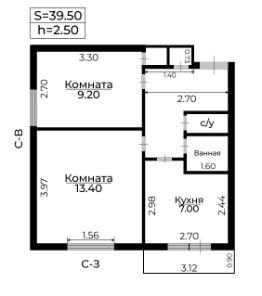 2-комн.кв., 40 м², этаж 3 2-комн.кв., 40 м², этаж 3
