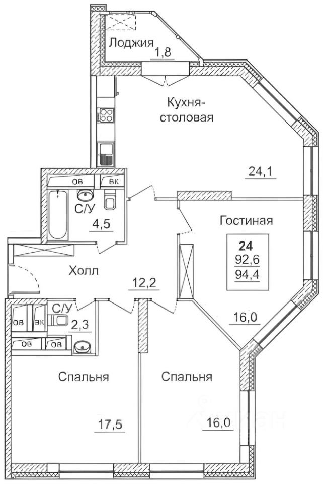 Планировка этой квартиры по данным Циан