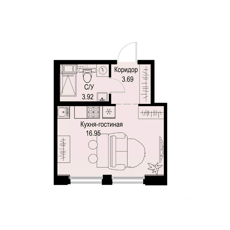 Студия, 24,6 м², 3/6 этаж