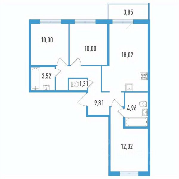 3-комн.кв., 70,8 м², 2/12 этаж