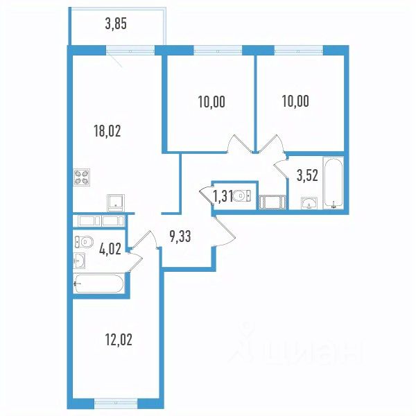 3-комн.кв., 69,4 м², 8/12 этаж