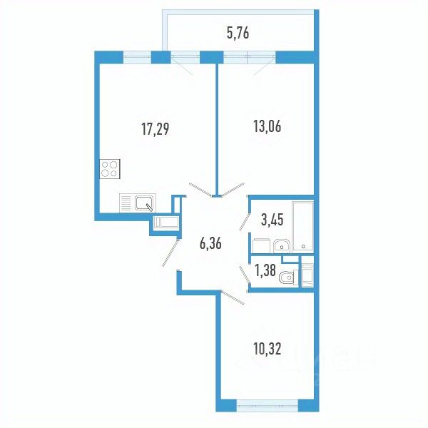 2-комн.кв., 53,6 м², 8/12 этаж