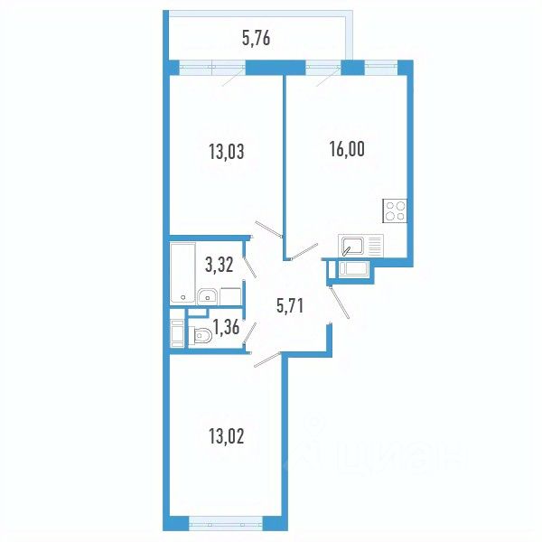 2-комн.кв., 54,2 м², 3/12 этаж