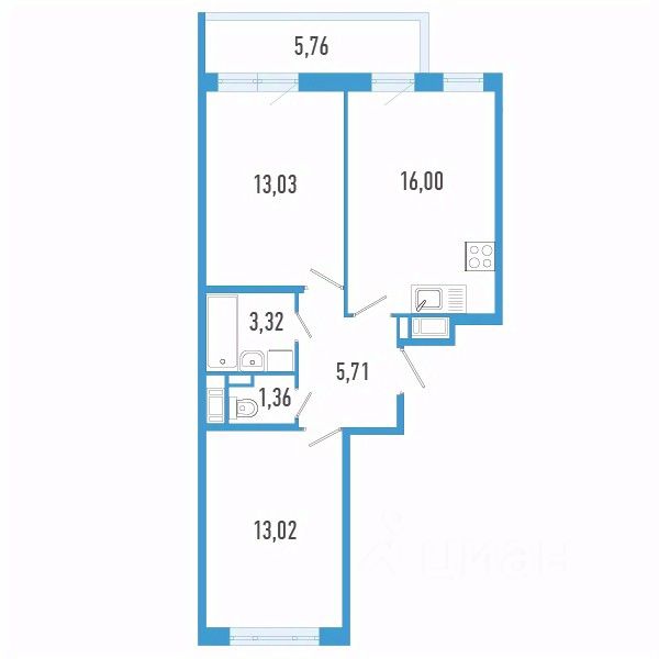 2-комн.кв., 54,2 м², 8/12 этаж