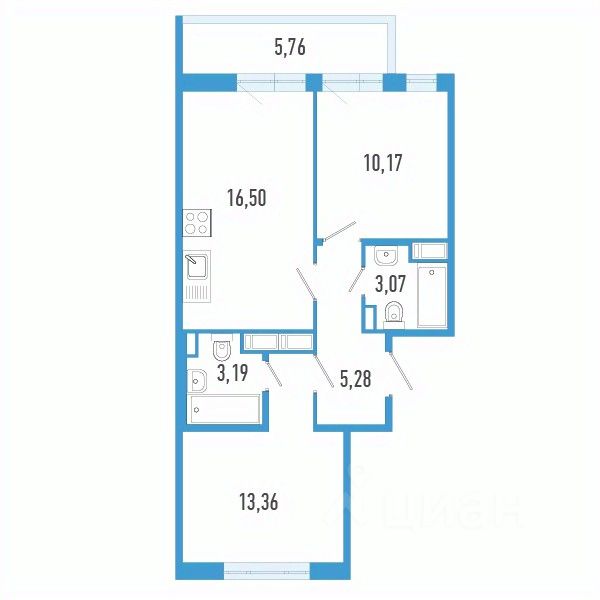 2-комн.кв., 52,8 м², 8/12 этаж