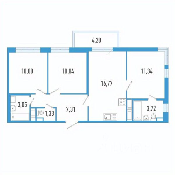 3-комн.кв., 64,8 м², 8/12 этаж