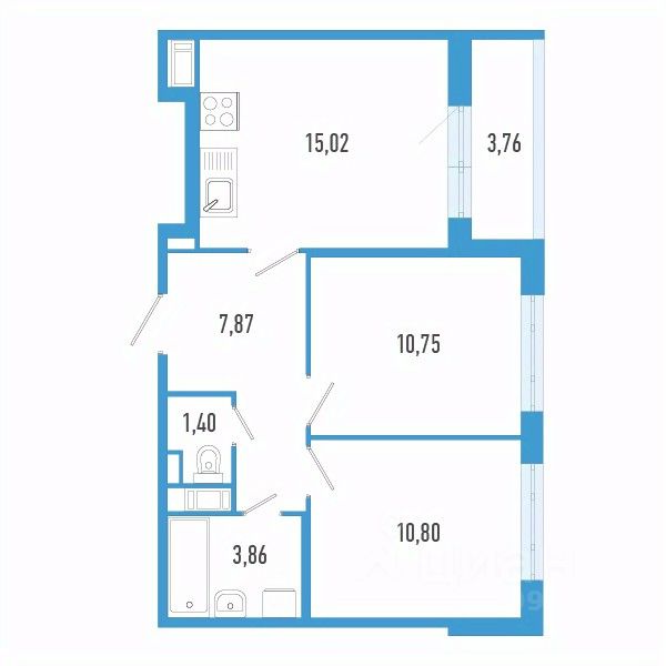 2-комн.кв., 51,6 м², 2/12 этаж