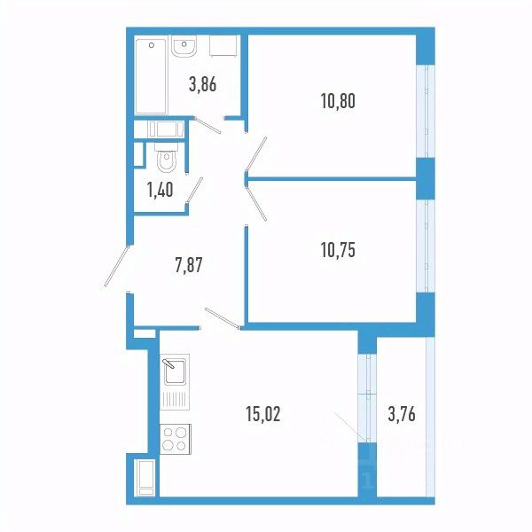 2-комн.кв., 51,6 м², 8/12 этаж