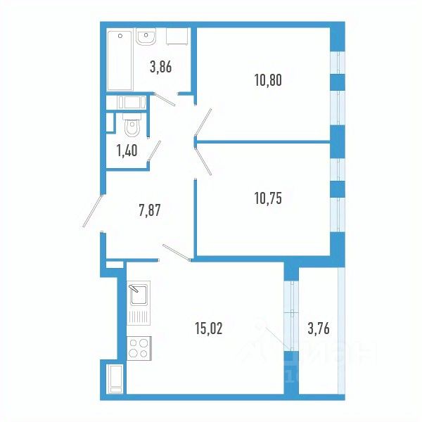 2-комн.кв., 51,6 м², 10/12 этаж