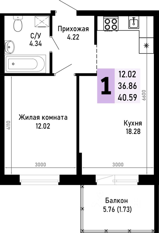 1-комн.кв., 40,6 м², 4/4 этаж