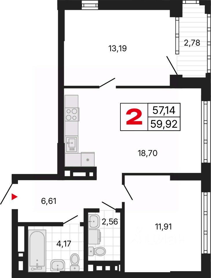 2-комн.кв., 59,9 м², 2/30 этаж