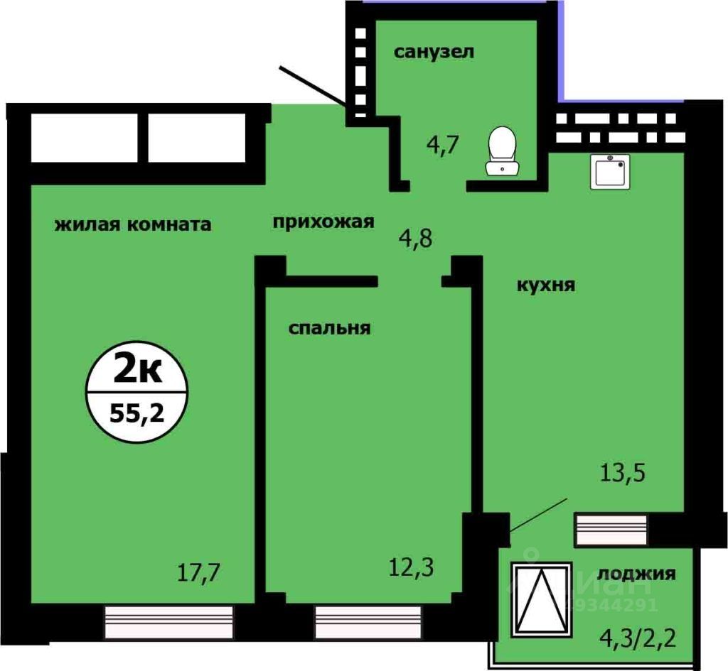 2-комн.кв., 54,4 м², 3/19 этаж