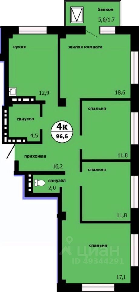 4-комн.кв., 94,6 м², 12/19 этаж