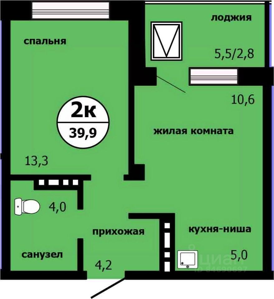 2-комн.кв., 39,4 м², 15/19 этаж