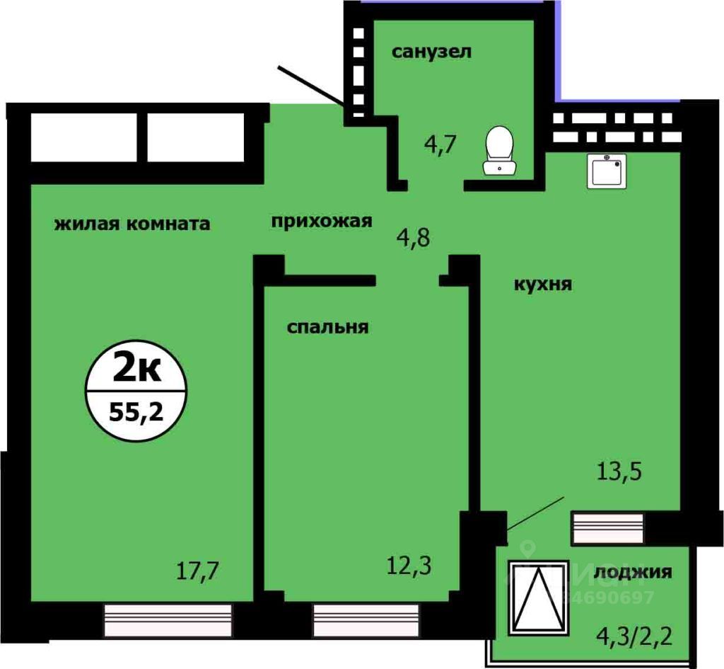 2-комн.кв., 54,3 м², 12/19 этаж