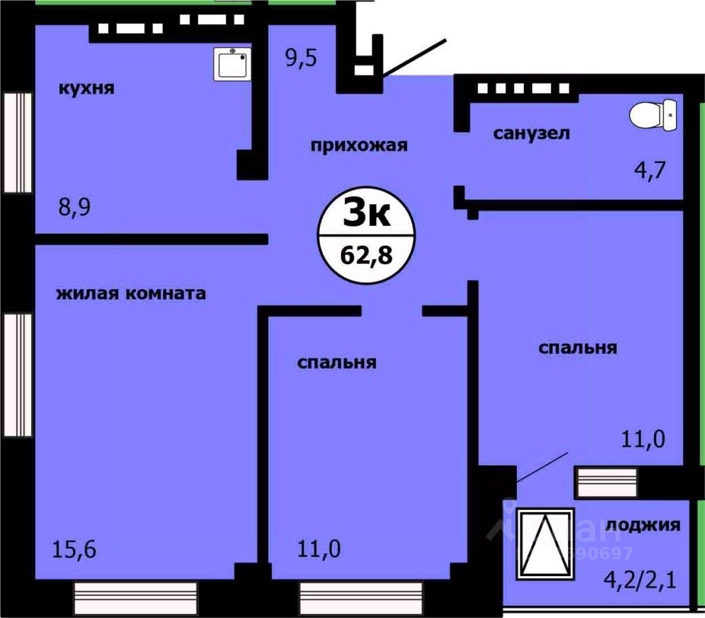 3-комн.кв., 61,3 м², 15/19 этаж