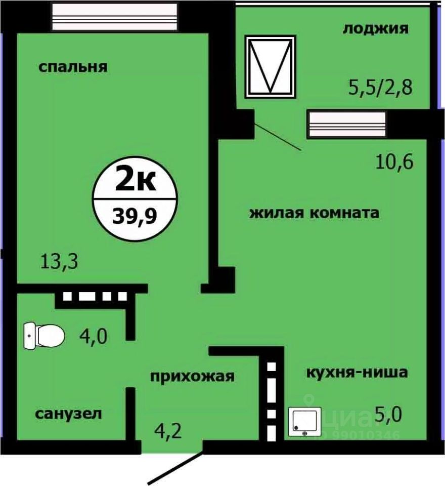 2-комн.кв., 39,2 м², 18/19 этаж
