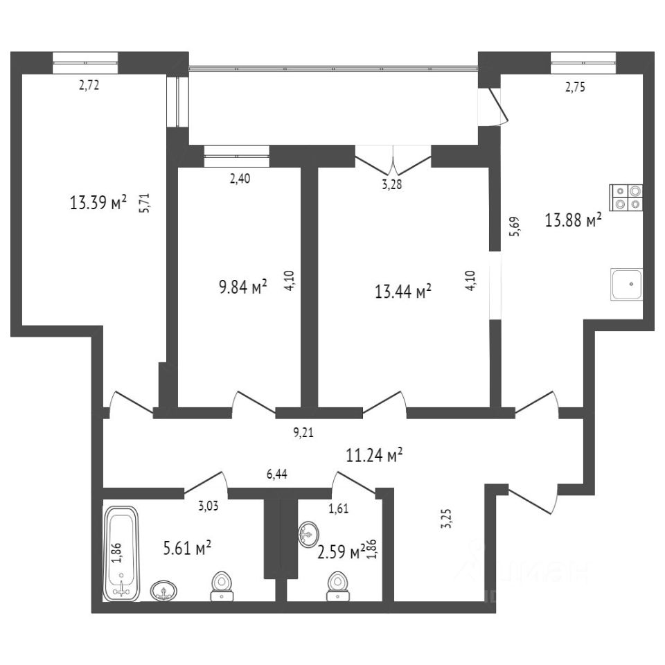 Планировка этой квартиры по данным Циан