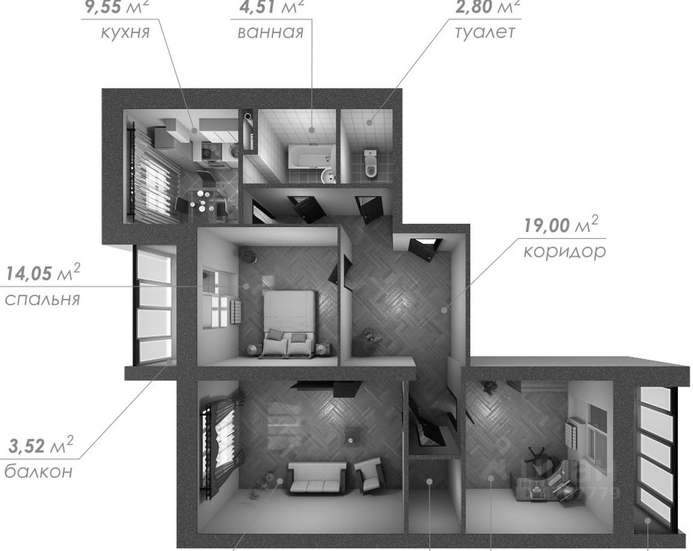 Планировка этой квартиры по данным Циан