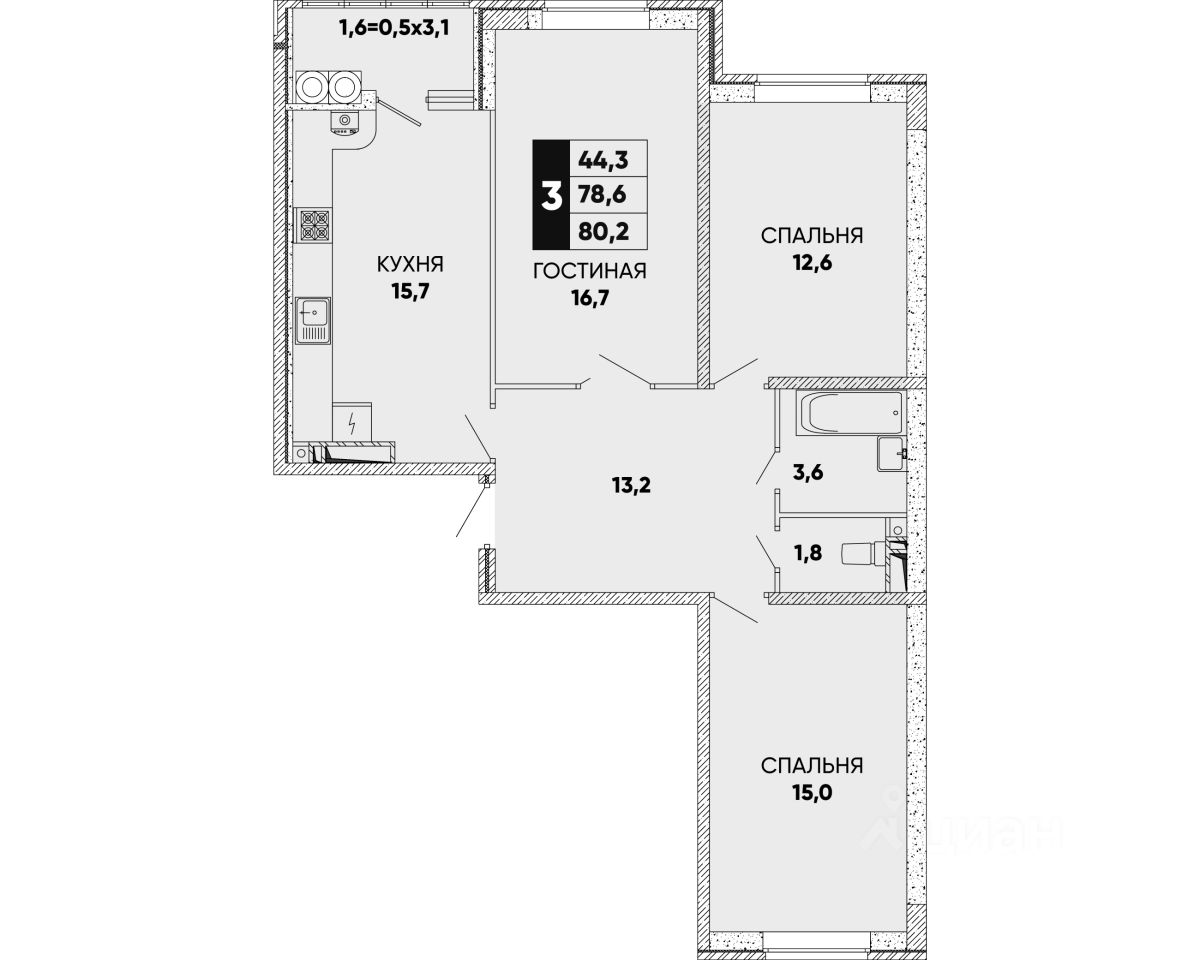 Планировка этой квартиры по данным Циан