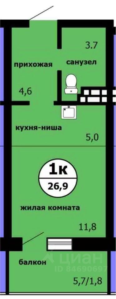 Студия, 26,9 м², 9/9 этаж