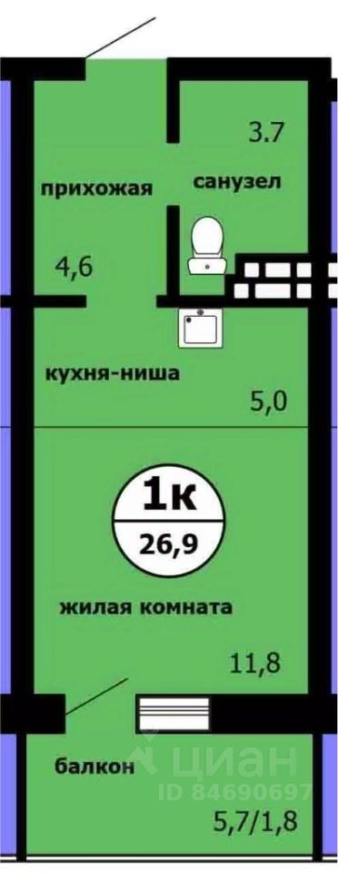 Студия, 26,9 м², 9/9 этаж