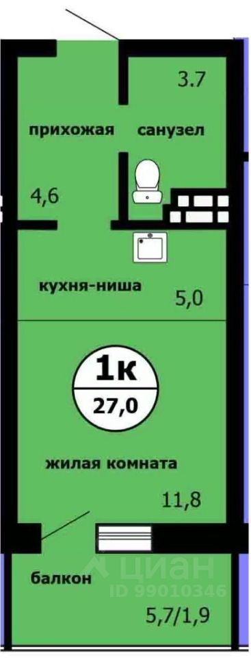 Студия, 27 м², 9/9 этаж