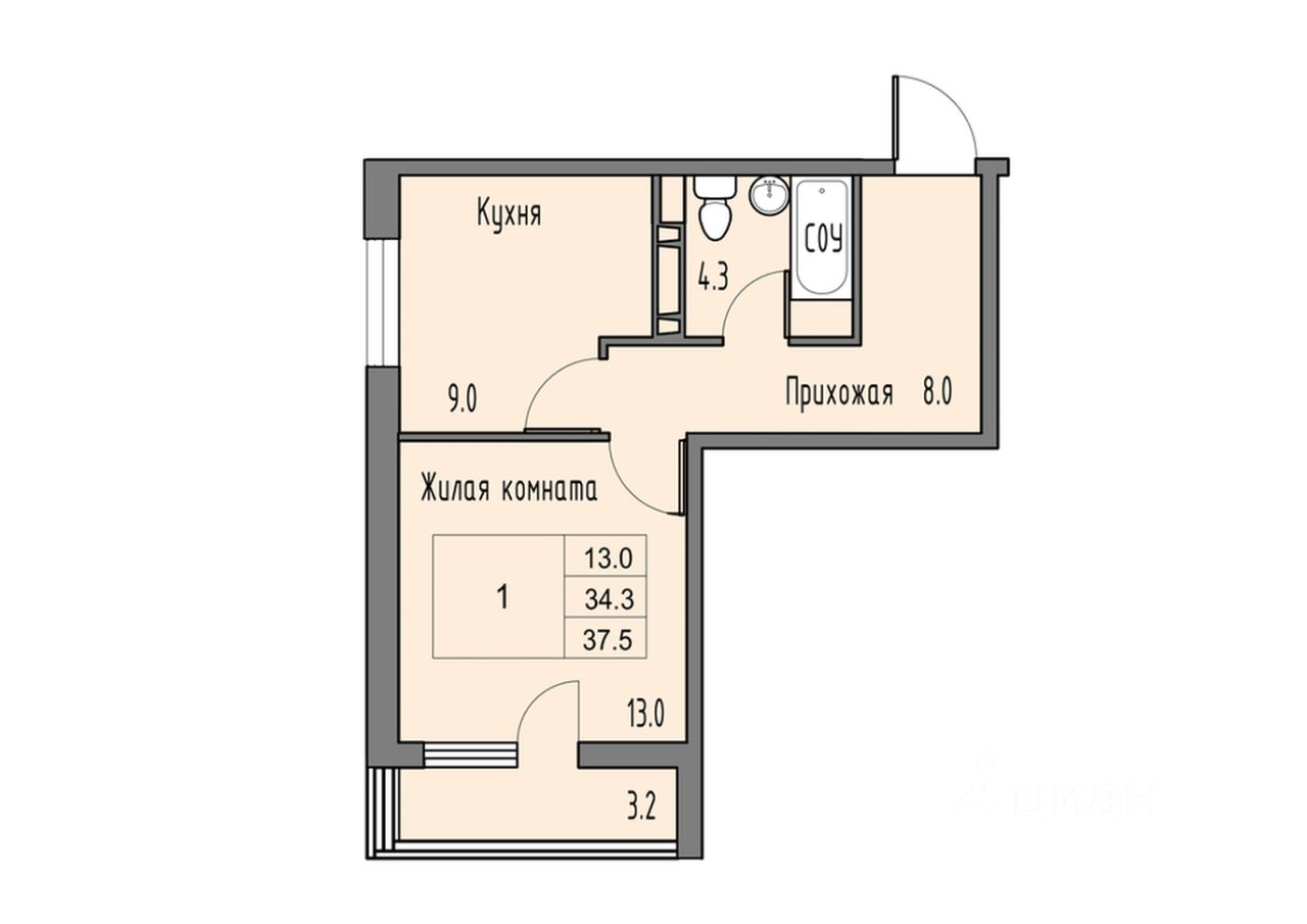 1-комн.кв., 35,9 м², 12/16 этаж