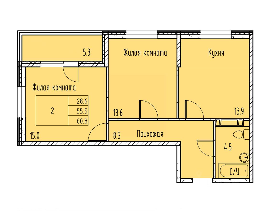 2-комн.кв., 57,9 м², 6/15 этаж